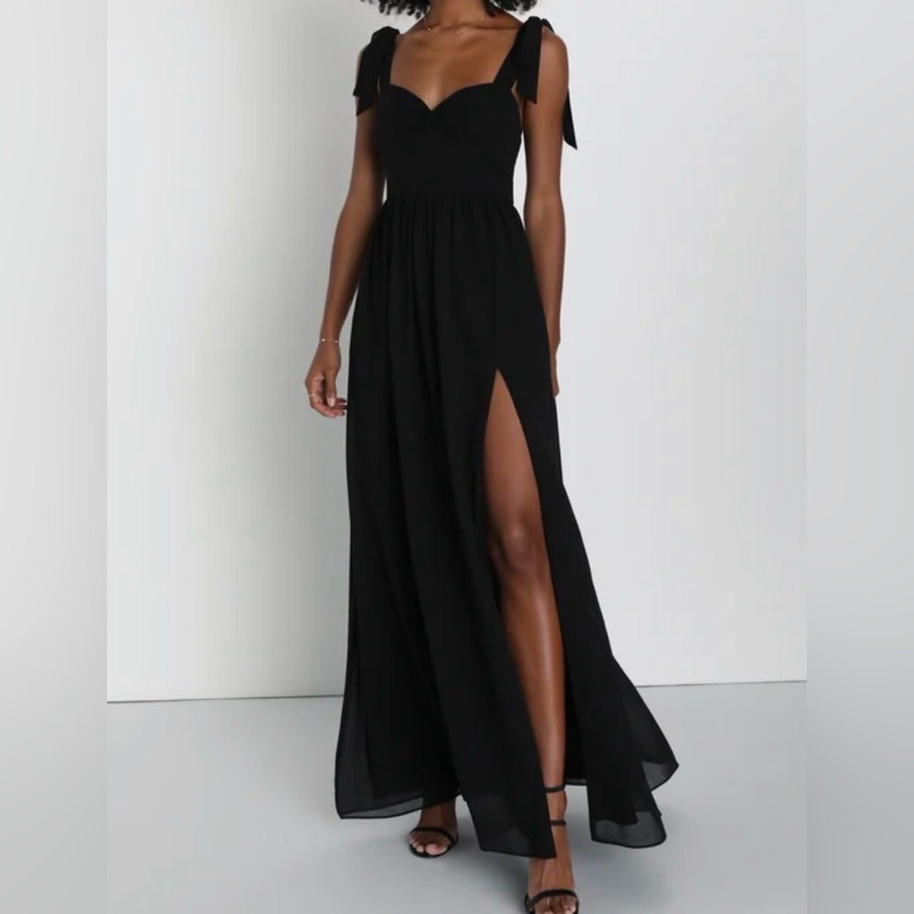 NWT Lulus Radiant Charisma Black Chiffon Ruched Tie-Strap Maxi Dress Sz XL